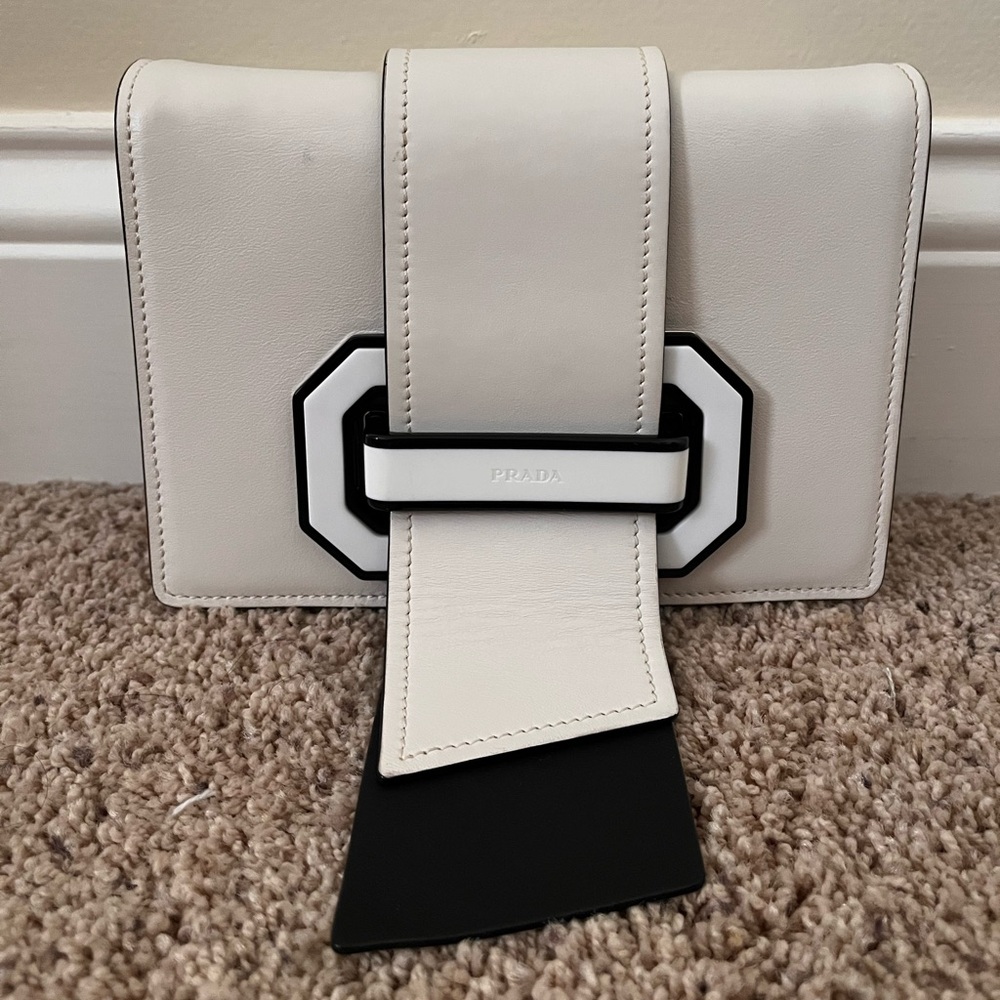 PRADA City Calf Plex Ribbon Bag White/Balck